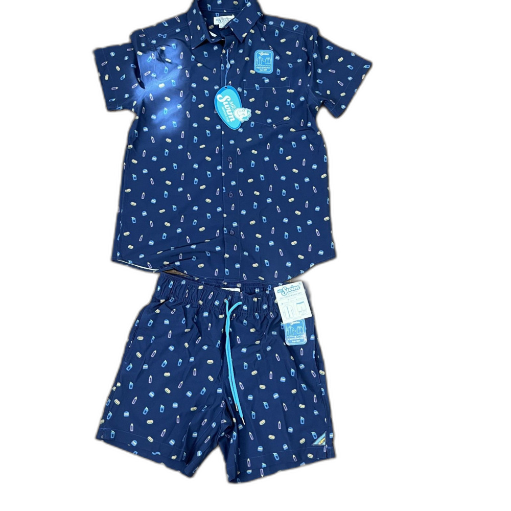 NWT Mr. Swim 2pc Swimwear Bathing Suit Set  Men's Small - Navy Neon, Summer BBQ